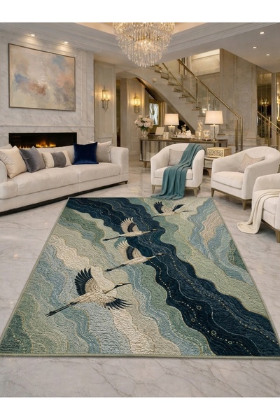 Rugs Modern Halı SDT Turna Kuşları Dalga Desenli Lacivert Yeşil Tonlu Dokuma ...