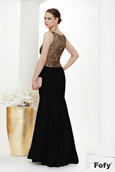 Fofy Rochie de ocazie lunga neagra premium cu bust din tull cu aplicatii stra...