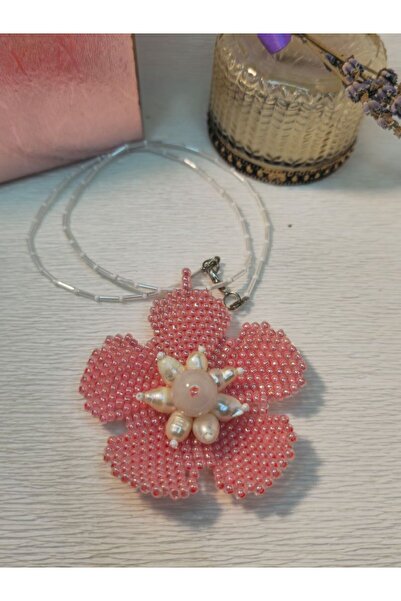 Amma Design Colier Handmade cu Pandantiv Floare și Perle – Mărgele Roz, Acces...