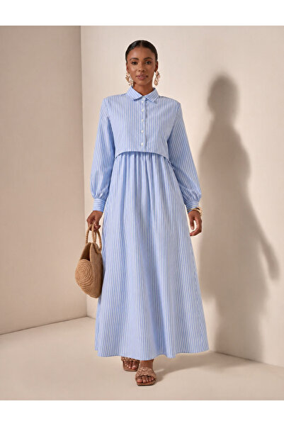 BORCKA TEKSTİL Cepken Detailed Striped Patterned Seasonal Trend Cotton Dress