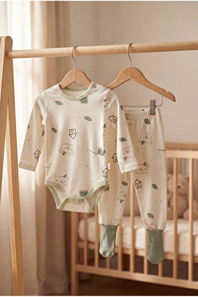 %100 Organik Pamuk Bebek Uzun Kollu Body Zıbın Ve Kendinden Çoraplı Alt Pijama 2'li Takım