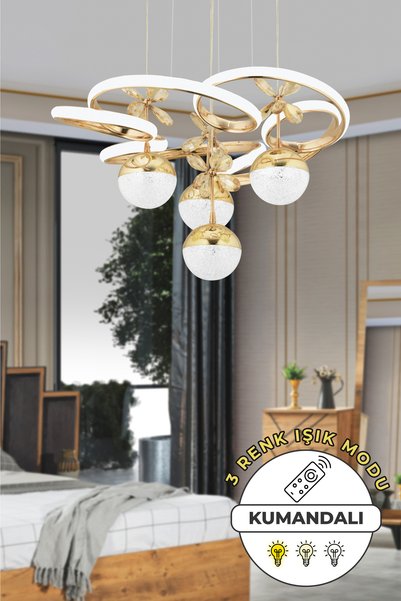 Empressco Modern 3 Renk Işıklı Gold Kaplama Sarkıt Led Avize, Şık Salon Dekoru
