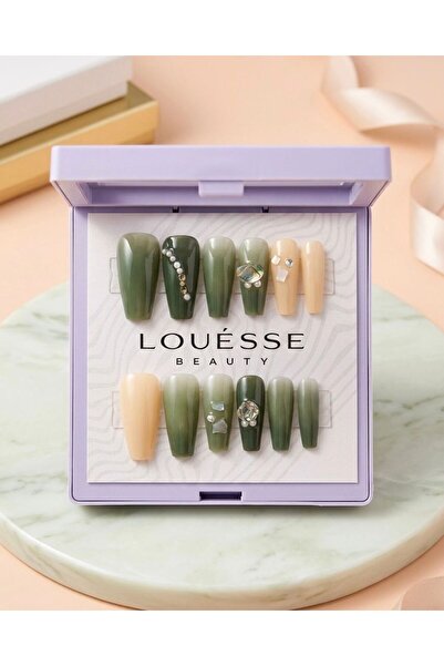 Louesse Beauty Louésse Olive Glow Takma Tırnak 12’li – Yeşil Ombre Taş Detayl...