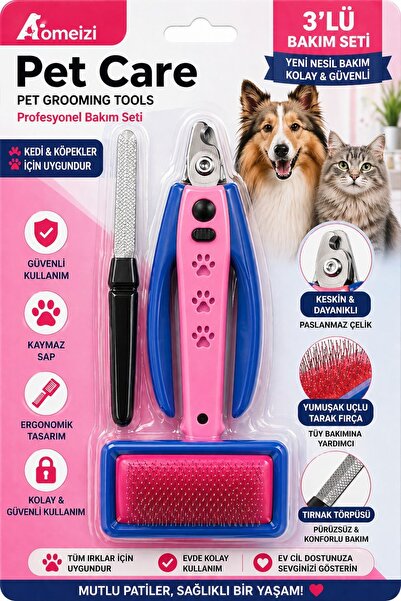 HAYHAYPETSHOP 3’lü Kedi Köpek Bakım Seti Tırnak Makası + Törpü + Tarak Fırça ...