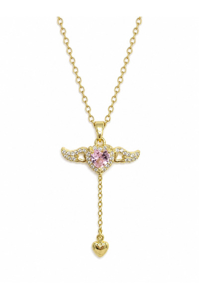 Yuchicly Heart Winged Pink Stone Necklace Stainless Steel