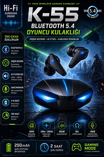 Torima K55 Bluetooth 5.4 True Wireless Oyuncu Kulaklığı Hi-Fi Stereo Mikrofon...