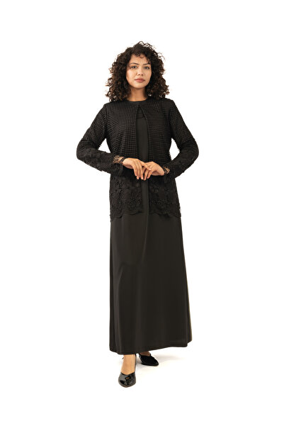 derin store Siyah dantel detaylı ikili abaya takım
