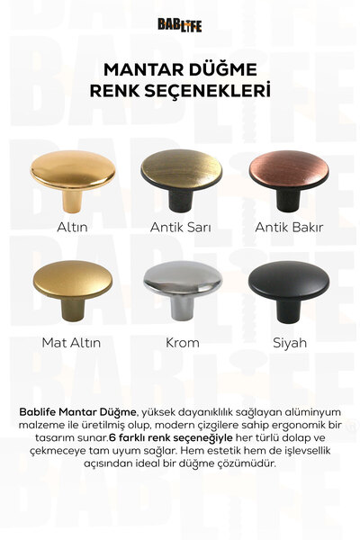 bablife Mantar Düğme Antik Sarı 35mm Metal Lüks Çapında Çekmece Dolap Mobilya Kulpları