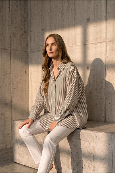 Passion Moda Evi Çizgili Haki Oversize Gömlek