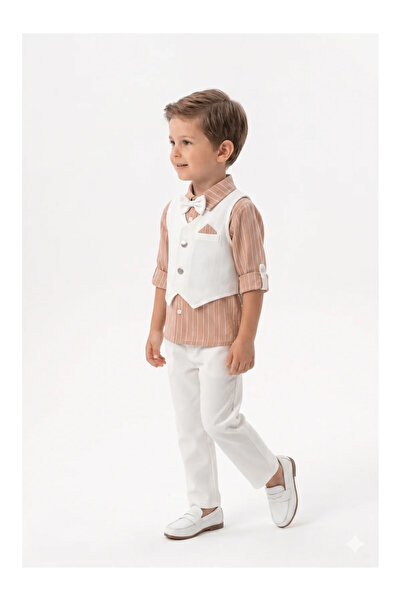 Mini Baray طقم سترة وقميص مخطط وبنطلون أبيض مكون من 3 قطع (2 سنة - 3 سنوات - ...