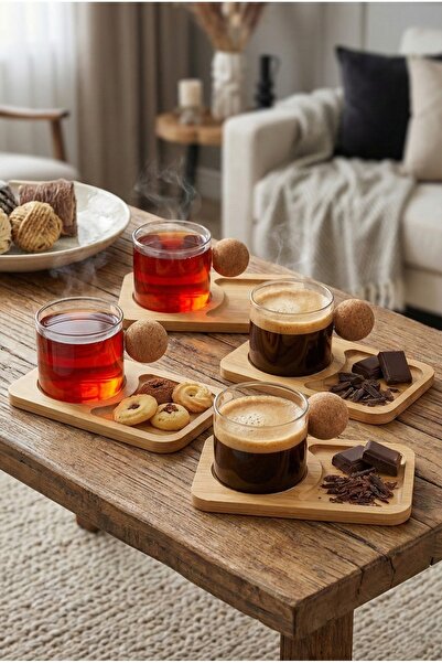 Vivien Home 2'lı 4parça bambu tabaklı mantar Kulplu cam borsilikat Bardak 120 ML Cam Çay ve Kahve Bardağı