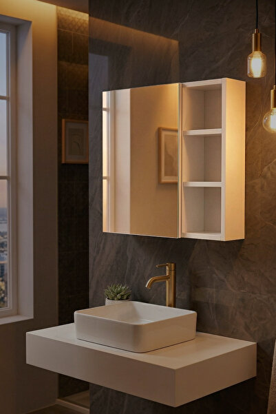 ozbience Şık Aynalı Açık Raflı ve Bas-Aç Kapaklı Banyo Dolabı 5980