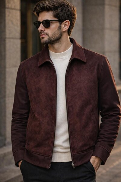 COONLESS Erkek Bordo Vintage Süet Dokulu Fermuarlı Klasik Yaka Ceket