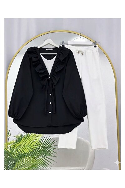 VOLT CLOTHİNG Yakası Fırfır Detaylı Düğmeli Pantolonlu Takım