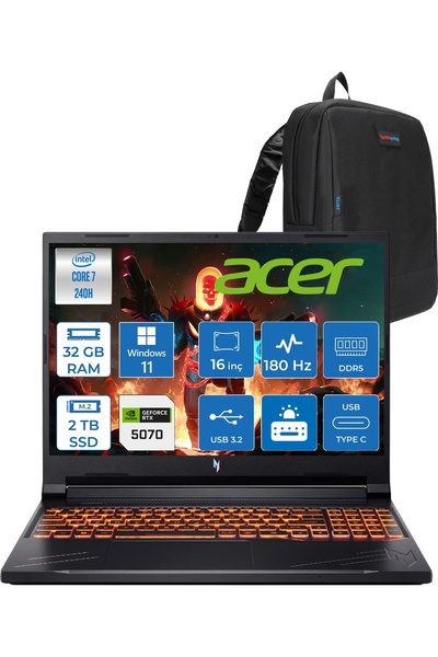 ACER Nitro V16 Aı Intel Core™ 7 240H 32GB Ddr5 2tb SSD RTX5070/8GB 95W Wuxga ...