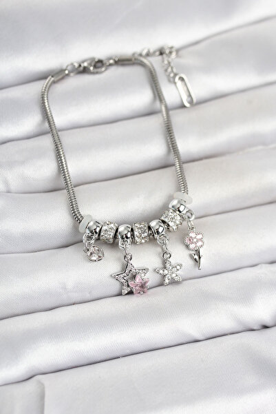 Twin Store Brass Silver Color Star Flower Detailed Charm Women's Bracelet