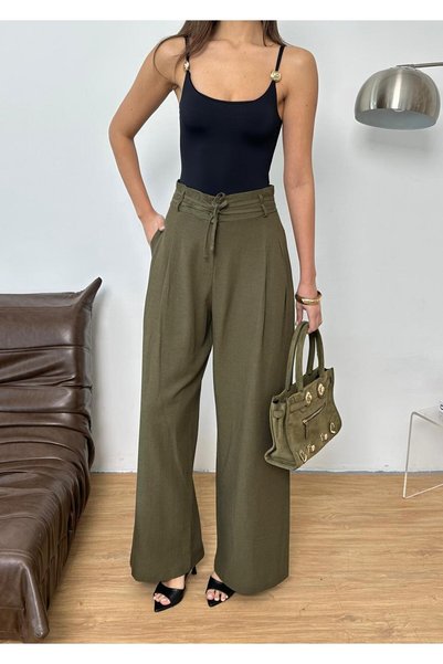 QF Quasar Fashion New Season Sweat-Proof 100% Linen Fabric Double Lace-Up Back Elastic Double Buttoned Wide-Legged Wide Led Palazzo Pants