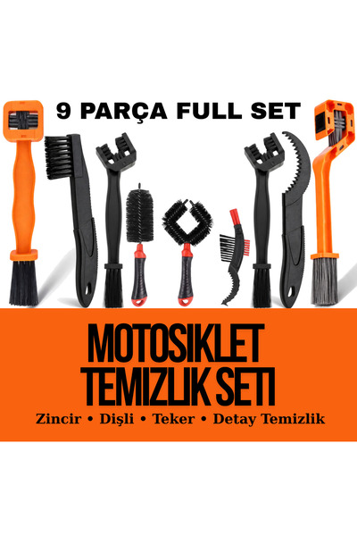 ax7 9 Parça Full Motosiklet Temizlik Seti – Zincir, Dişli, Jant & Detay Fırça...