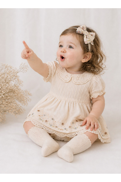 Ozz Baby طقم فستان بناتي فاخر مكون من قطعتين بتصميم زهور الربيع المزخرفة بالخ...