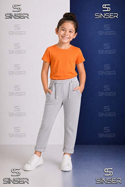 SS SİNSER Pantaloni uni pentru fete, cu talie elastică, stil Lycra cu tiv pli...