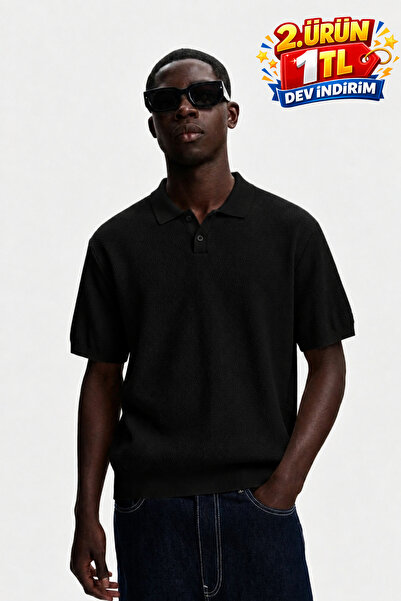 DAMGA JEANS Ανδρικό μπλουζάκι με λαιμόκοψη πόλο, 100% βαμβακερό, μαύρο