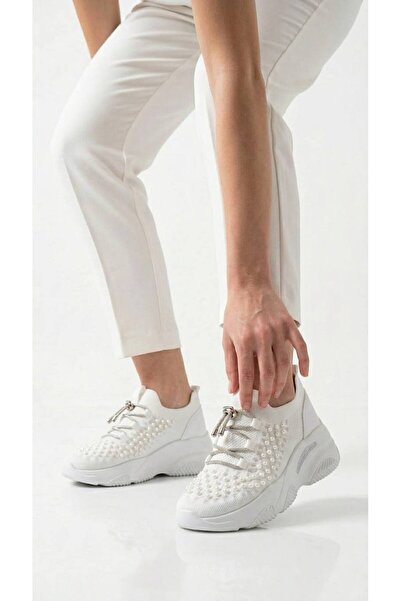 Lidora Women's White Beaded Detailed Casual Sports Shoes Ayk4050