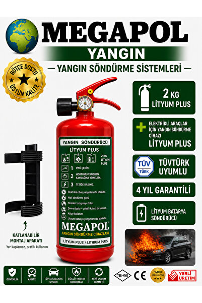megapol 2 kg lityum Plus elektrikli araç yangın söndürme tüpü, yangın söndürm...