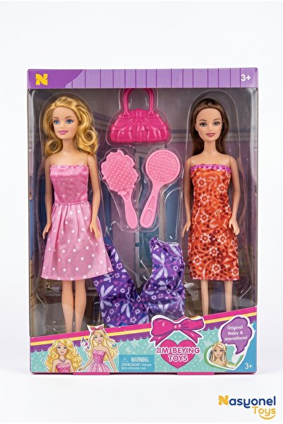 NASYONEL TOYS 2'li Oyuncak Bebek Seti Elbiseler, Saç Fırçaları ve Çanta Akses...