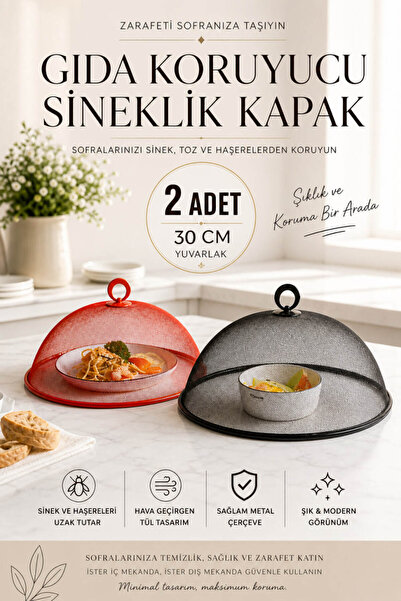 Anadolu Saray 2 ADET Yuvarlak Metal Gıda Koruyucu Sineklik Kapak 30 cm Tül Si...