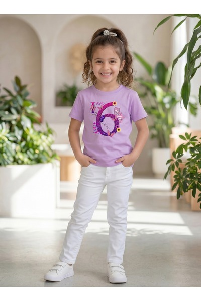 Funkaar Birthday Girl, 6th Year Butterfly Birthday Graphic Print T-Shirt