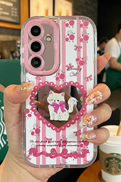 Nezih Case Samsung Galaxy A56 Uyumlu Premium Pembe Kedi ve Fiyonk Desenli Ayn...
