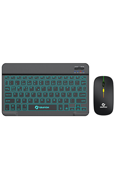 Gravion KM-BT35 Işıklı Bluetooth Klavye Mouse Set Siyah LED Aydınlatmalı, Şar...