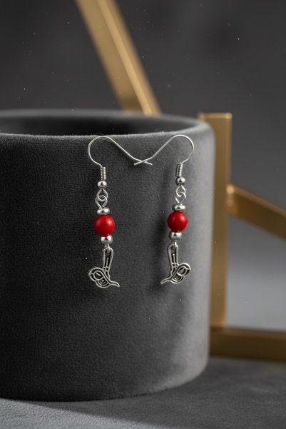 MODAYAŞAR Ottoman Tughra Figured Earrings - Authentic Dangle Earrings with Red Beads