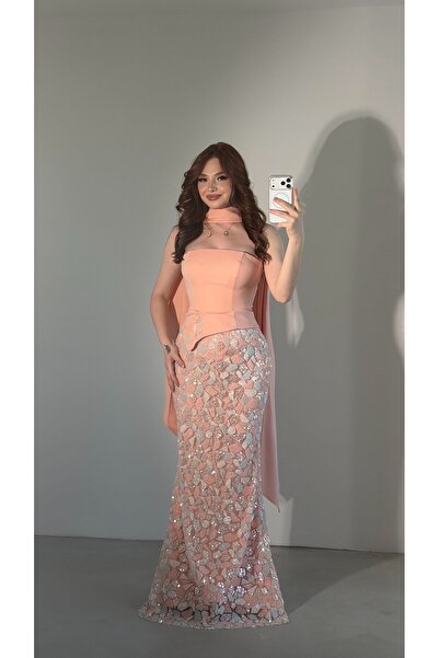ayşenur Dinçer butik Deniz Kızı Balık Fularlı Abiye Pudra