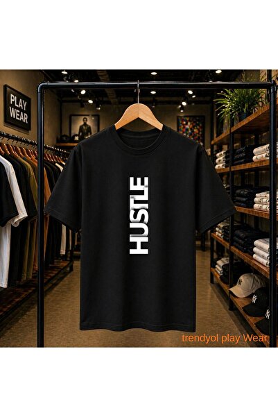 playwear Тениска с щампа  "Hustle " на гърдите, 100% памук, овърсайз, свободн...