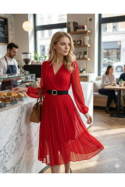 Efnaz style Women's chiffon fabric lined flared cut double breasted collar mi...