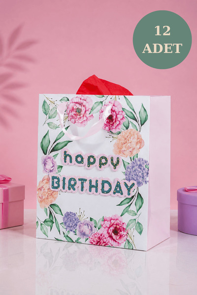 Sarkap 12'li 32x26x14 cm Özel Tasarım Çiçekli Happy Birthday Hediyelik Karton...
