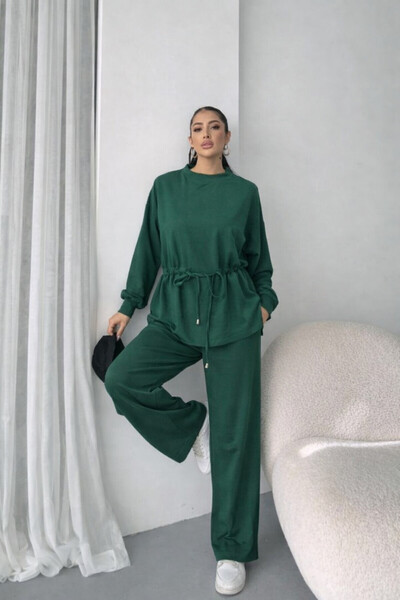 Efnaz style بلوزة وبنطلون نسائي بأكمام طويلة وياقة دراجة ورباط على الخصر من ا...