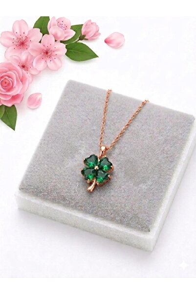 SARIASLAN Zümrüt Yeşili 925 Ayar Gümüş Şans Yoncası Kolyesi Rose Gold