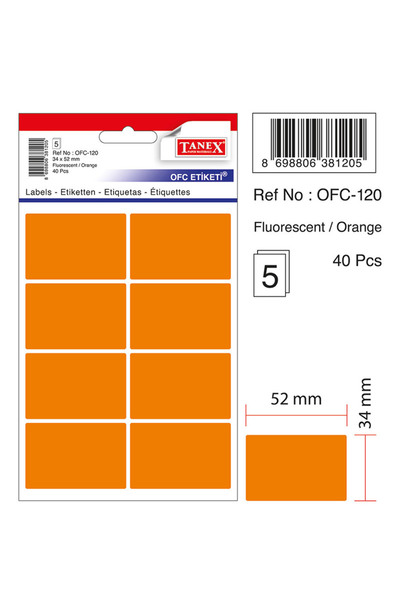 Tanex Αυτοκόλλητες ετικέτες, 34 x 52 χιλ., 40 τεμ./σετ, TANEX, πορτοκαλί φωσφ...