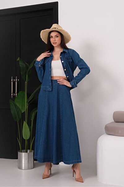 yusuf tekstil Dark Denim Two-Piece Set with Skirt – Oversized Jacket Casual S...