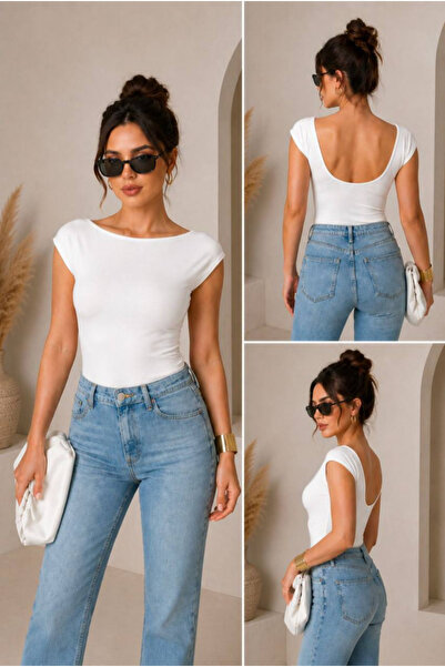 NAVO STUDIO Kadın Siyah Sırt Dekolteli Bluz Kayık Yaka Slim Fit Basic Kısa Ko...