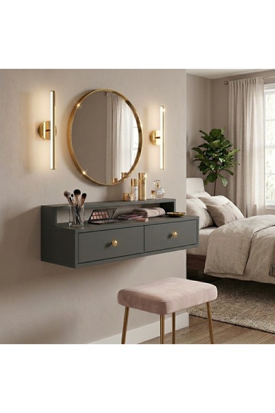 MANDOSİ 90 Cm Makyaj Masası Dresuar Antrasit Gold Kulp