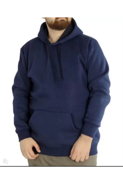 Efnaz style    سويت شيرت رجالي أساسي بغطاء للرأس بأكمام طويلة - أزرق داكن