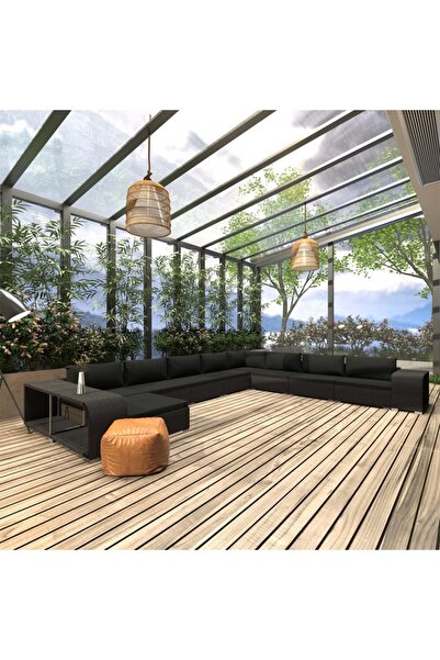 vidaxl Set mobilier de gradina cu perne, 11 piese, negru, poliratan