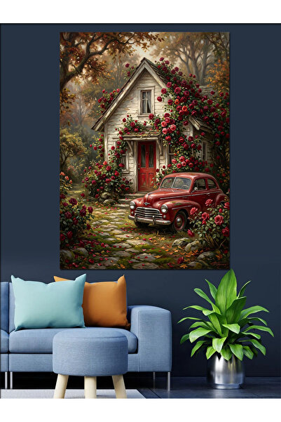 Artmeg Rose Village House and Car Decorative Canvas - Mdf Wood Painting