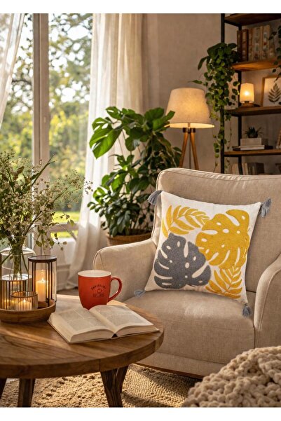 VİLERA HOME غطاء وسادة مزخرف بنمط أوراق الشجر مقاس 43*43 من PUNCH KETEN