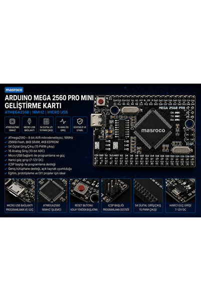 Arduino Mega 2560 Pro Mini (Lehimli Header-USB Kablo Dahil)
