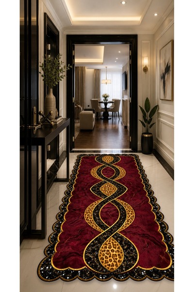 CAPPİO HALI Kaymaz Taban Yıkanabilir Siyah Krem Altın Detaylı Modern Mutfak Halısı sdn01