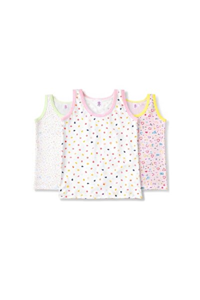 CHARM Yıldız 3-Piece Girls' Cotton Patterned Wide Strap Undershirt